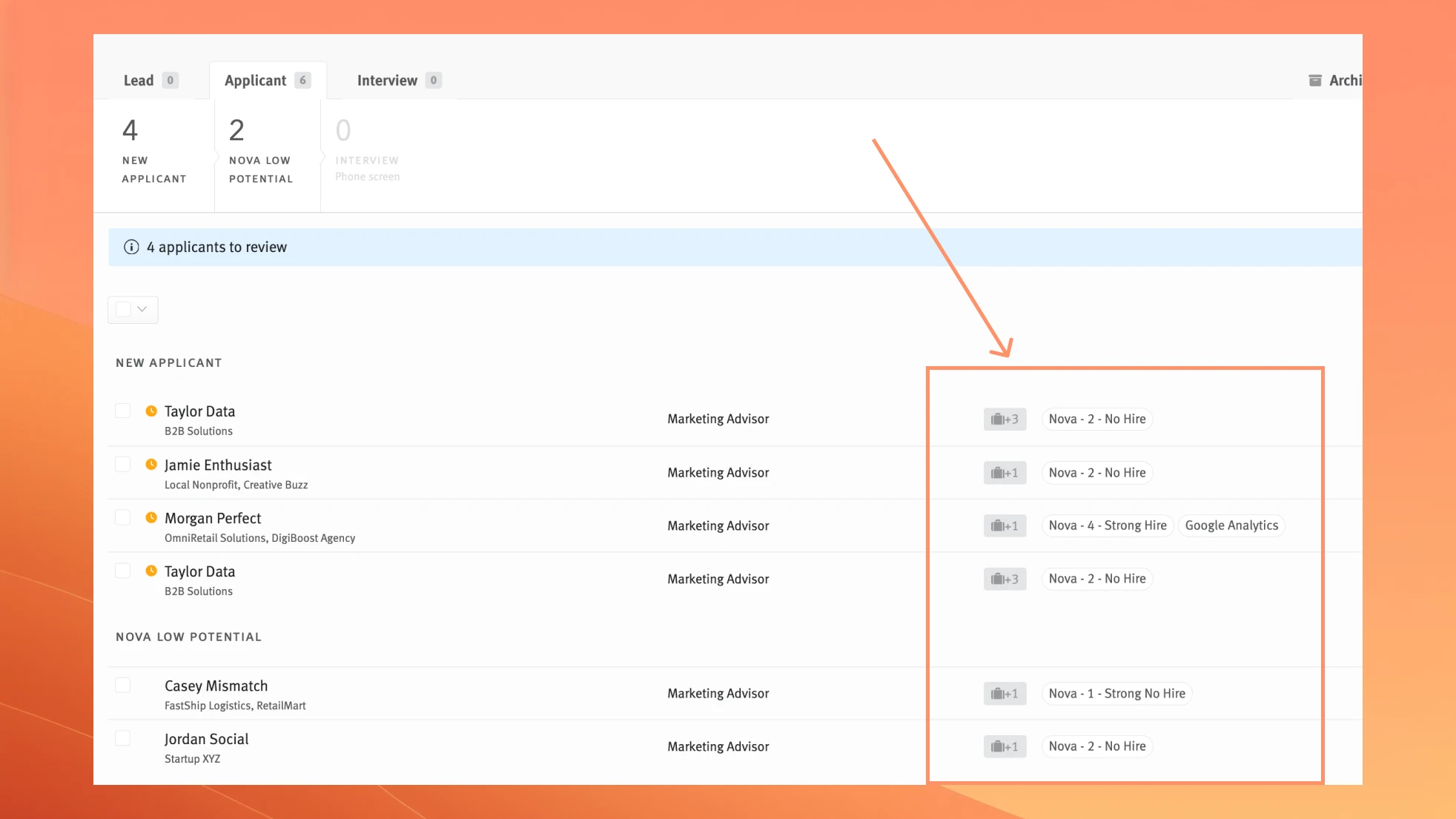 Nova AI candidate scores displayed inside Lever ATS with sortable columns