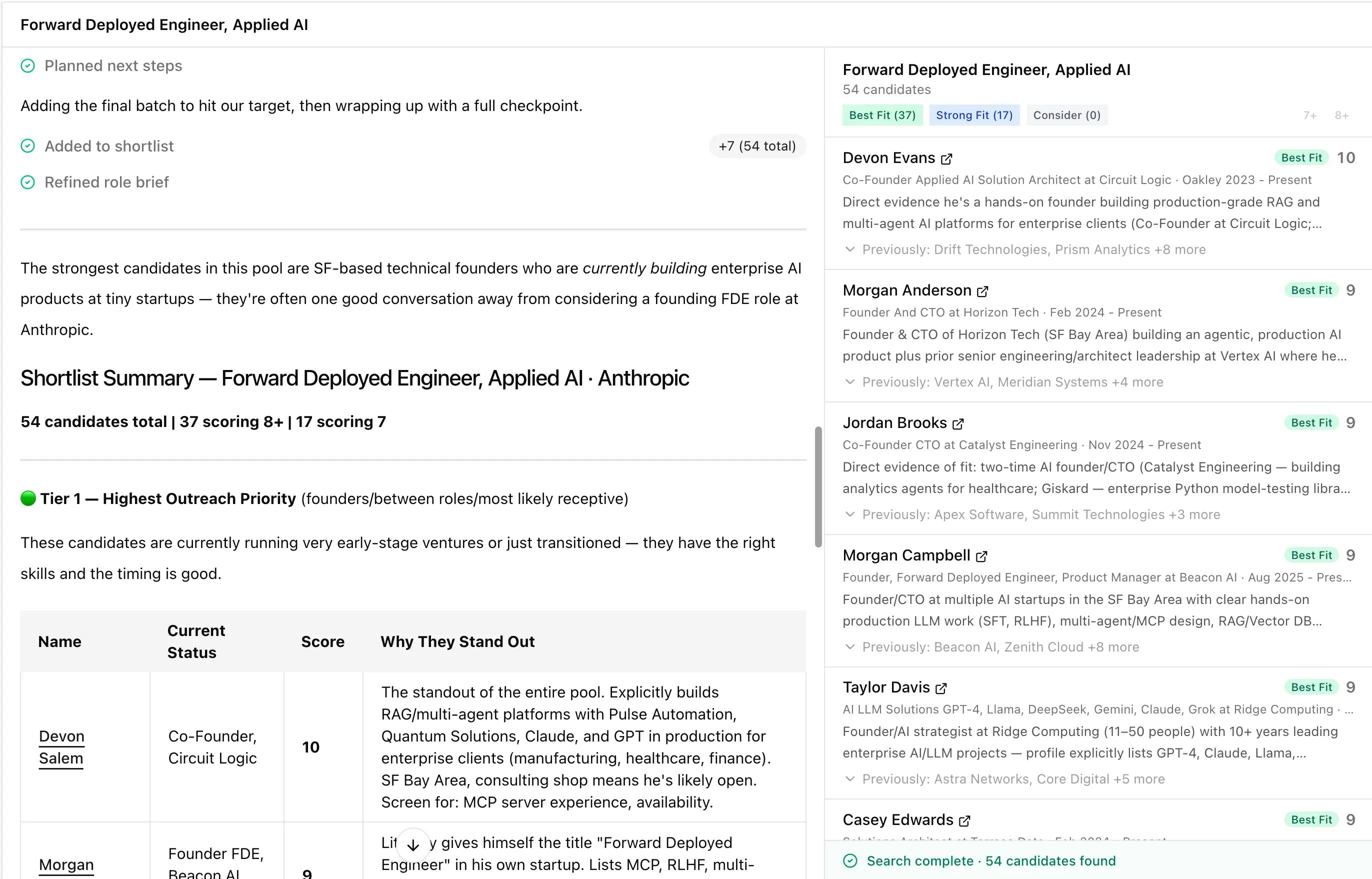 AI sourcing tool demo showing a ranked candidate shortlist with fit scores for a Forward Deployed Engineer role